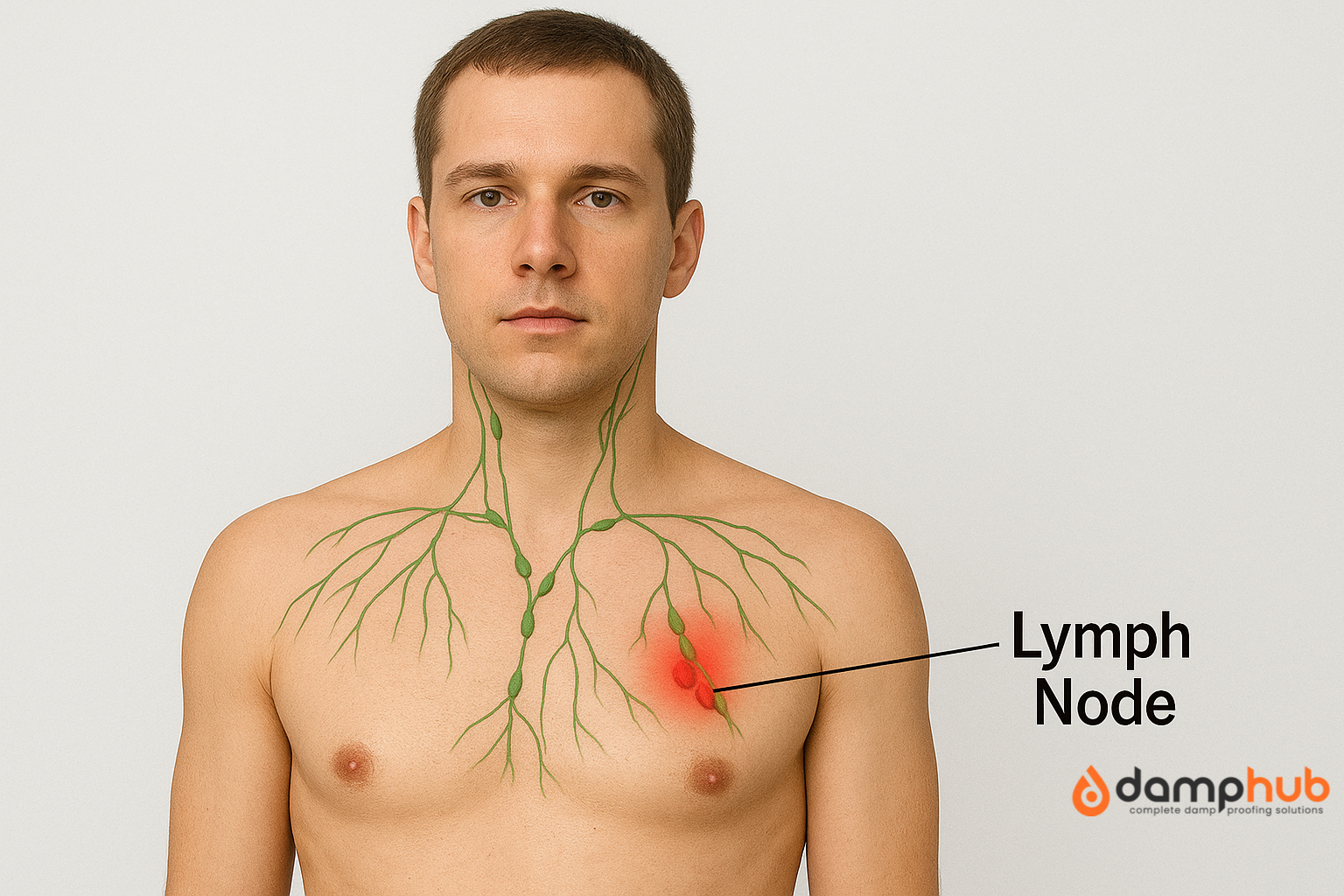 Medical illustration of a male upper body with natural skin tone, showing lymphatic pathways in green and swollen lymph nodes in red on the right chest. A black arrow labeled “Lymph Node” points directly at the inflamed nodes. Neutral light background.