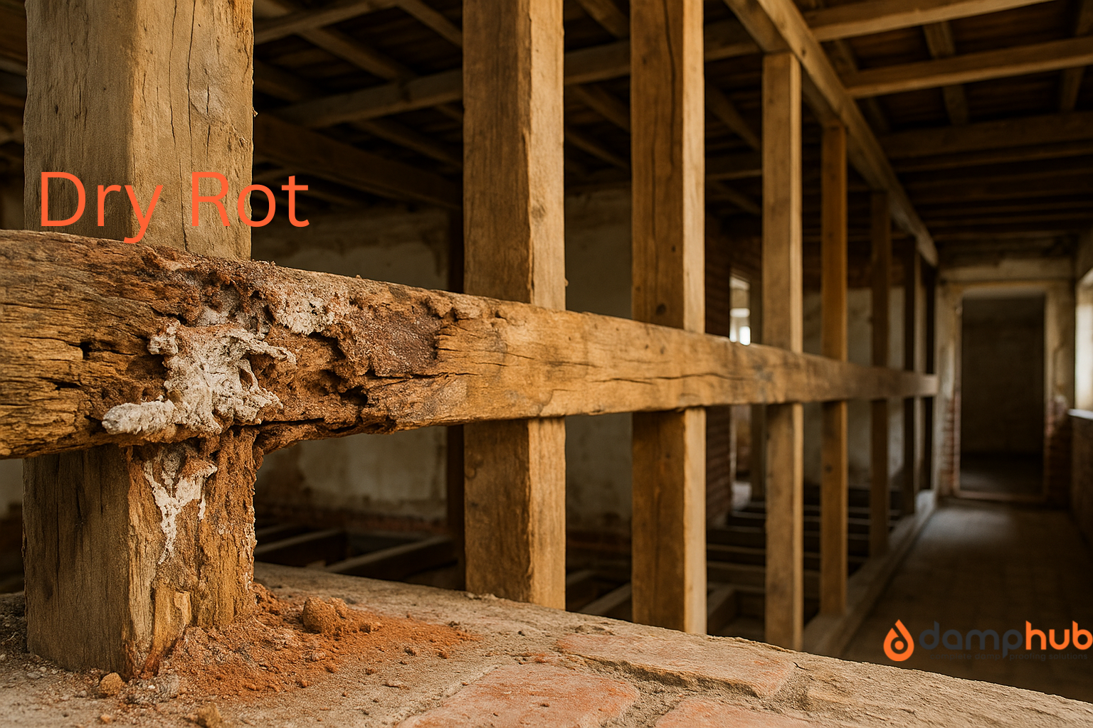 Close‑up view of structural timber inside a British home showing advanced dry rot damage. An orange label reading “Dry Rot” sits just above the decayed section, with an arrow pointing directly at the affected wood. The timber is cracked, crumbly, and discoloured, with white fungal growth visible, contrasting against surrounding healthy wood.