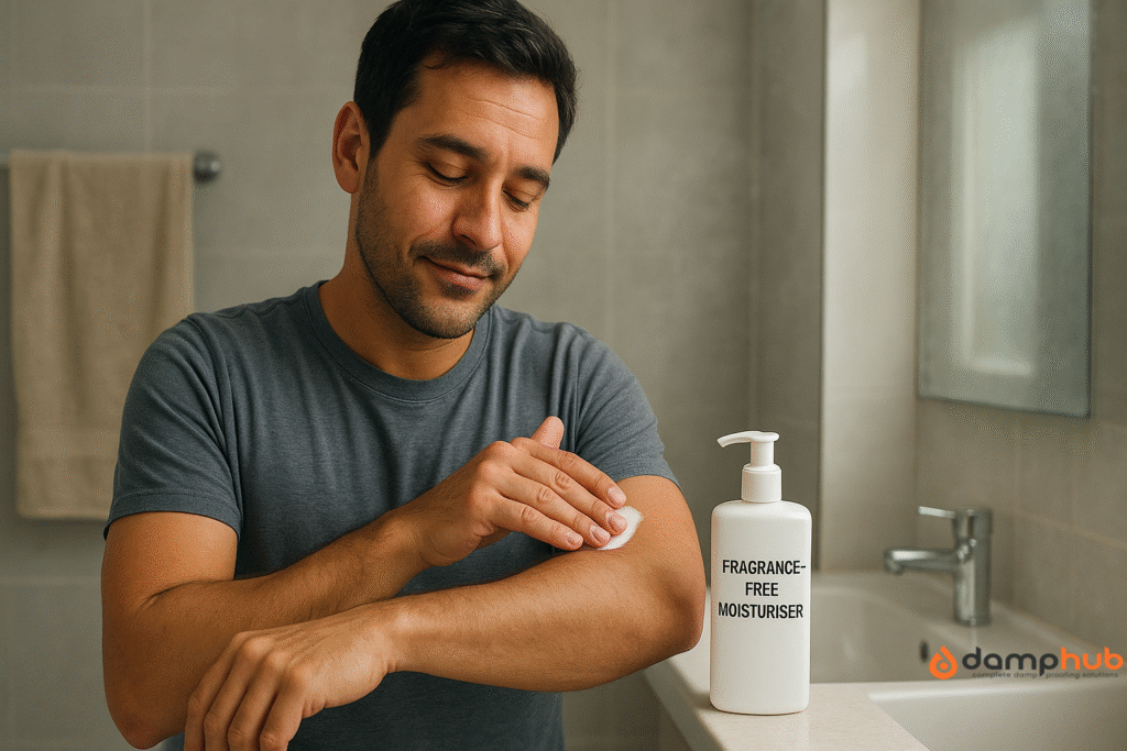 A man in a UK-style bathroom applies fragrance-free moisturiser to his forearm, with a plain white bottle labelled “FRAGRANCE-FREE MOISTURISER” placed on the sink counter. He looks calm and content, wearing a grey T-shirt, while a towel and mirror are visible in the softly lit, slightly steamy bathroom background.