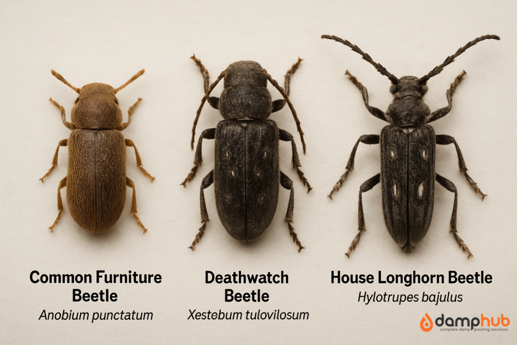 A comparison image showing three types of wood-boring beetles commonly found in UK homes. From left to right: the Common Furniture Beetle (Anobium punctatum) — small, brown, and oval-shaped; the Deathwatch Beetle (Xestobium rufovillosum) — darker with a rough texture and shorter antennae; and the House Longhorn Beetle (Hylotrupes bajulus) — larger, black, with very long antennae and distinctive white patches on its wing cases. Each beetle is labelled with its name and scientific name, with the Damp Hub logo in the bottom right.