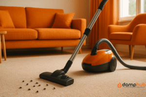 A bright orange-themed living room with a vacuum cleaner on a beige carpet, sucking up small beetle-like insects, with an orange sofa and armchair in the background.