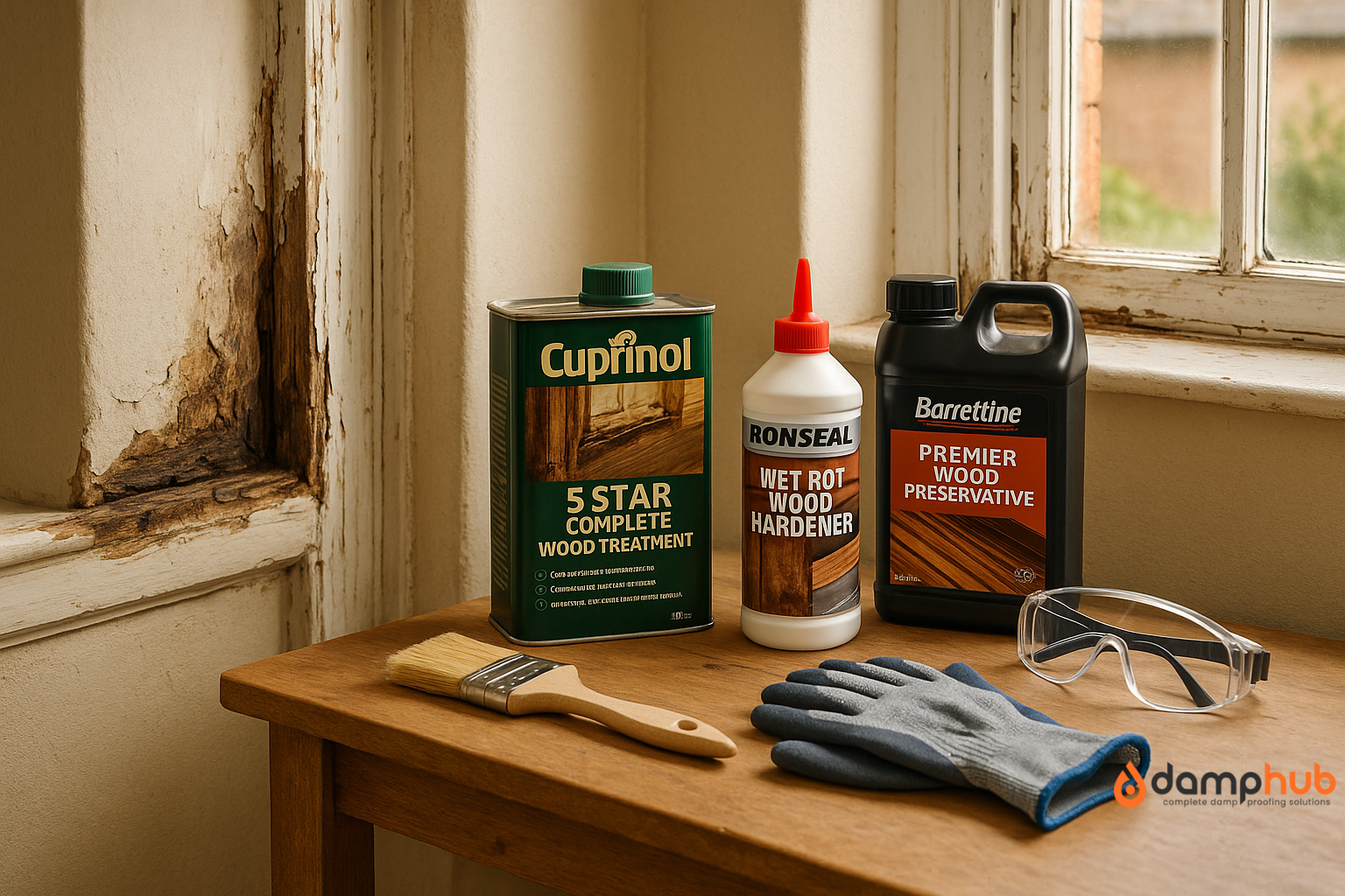 Close-up of a damaged wooden window frame and skirting board showing severe wet rot with darkened, crumbling wood and peeling paint. In front, on a wooden table, are three labelled wet rot treatment products — Cuprinol 5 Star Complete Wood Treatment, Ronseal Wet Rot Wood Hardener, and Barrettine Premier Wood Preservative — alongside a paintbrush, protective gloves, and safety goggles, all lit by natural daylight from the window.