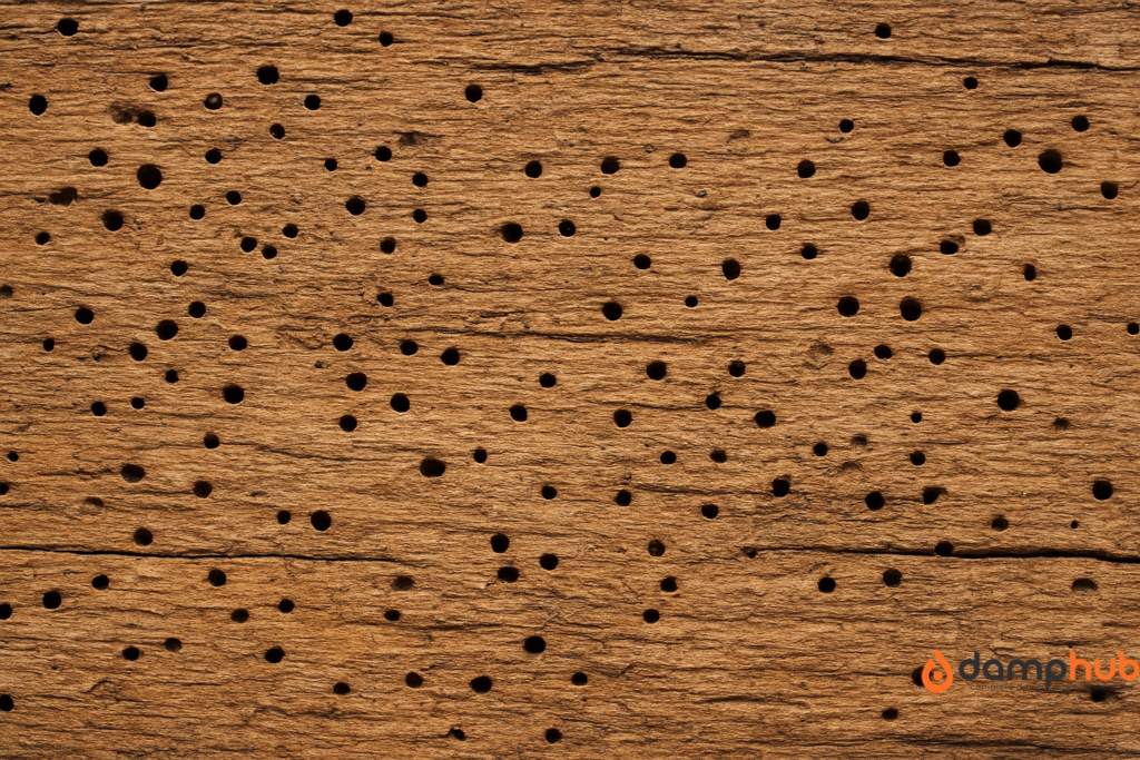 a wood with many small holes caused by woodworm