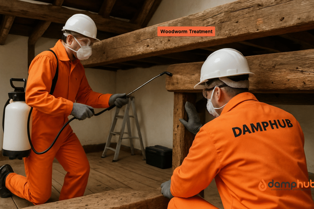 Two pest control professionals in bright orange (#F96C25) uniforms with "DAMPHUB" printed on the back are treating woodworm damage inside a rustic UK property. One is spraying treatment onto a large timber beam, while the other inspects the wood. Both wear white hard hats, protective gloves, masks, and goggles. The setting includes aged wooden floorboards, exposed rafters, and a ladder in the background.