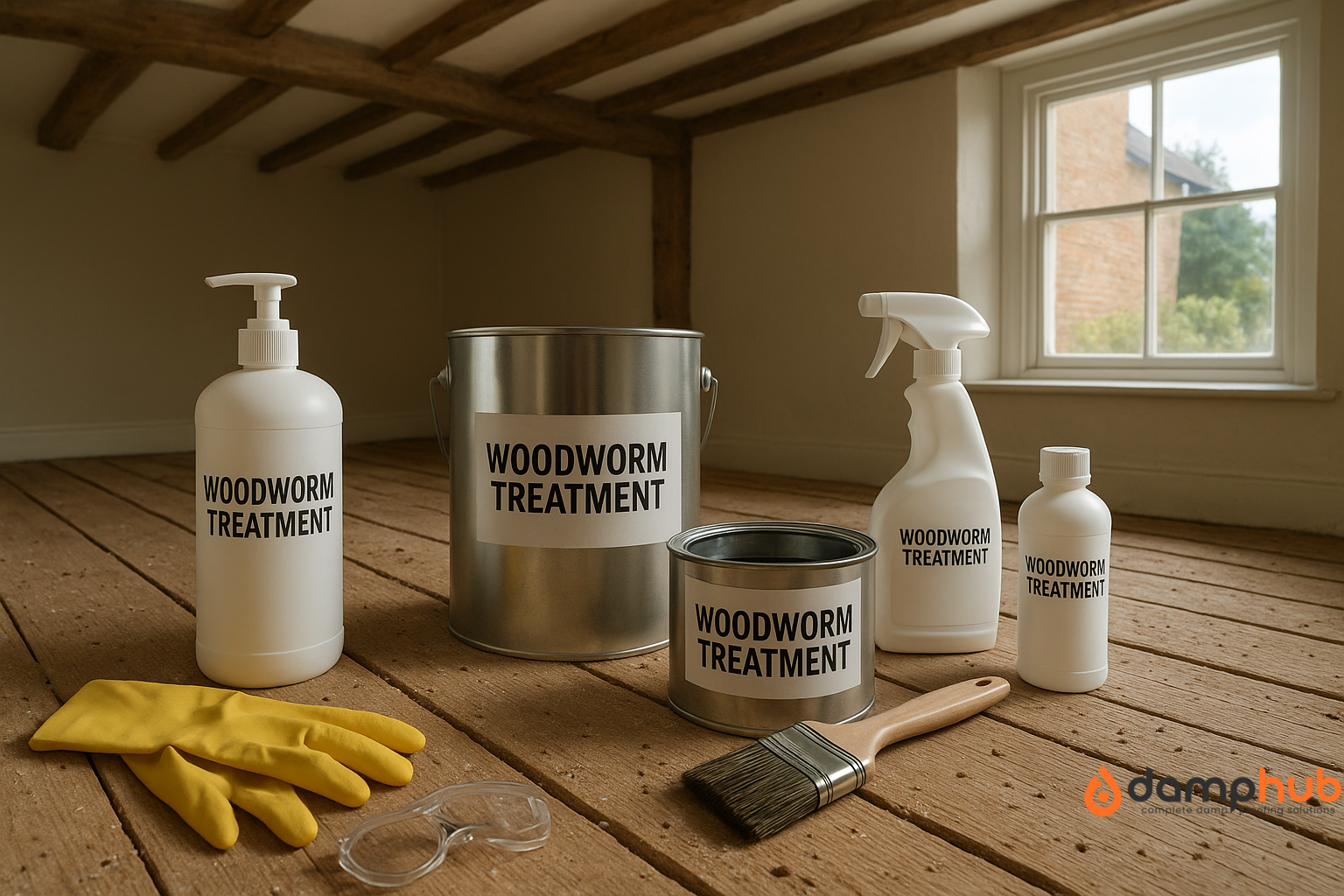 a collection of DIY woodworm treatment products