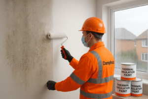 A Damphub expert in bright orange PPE, hard hat, gloves, and mask applies thermal insulation paint with a roller to a damp wall inside a modern UK home. The wall shows a clear before-and-after effect, with mould and condensation on the untreated side and a clean, dry finish on the painted side.