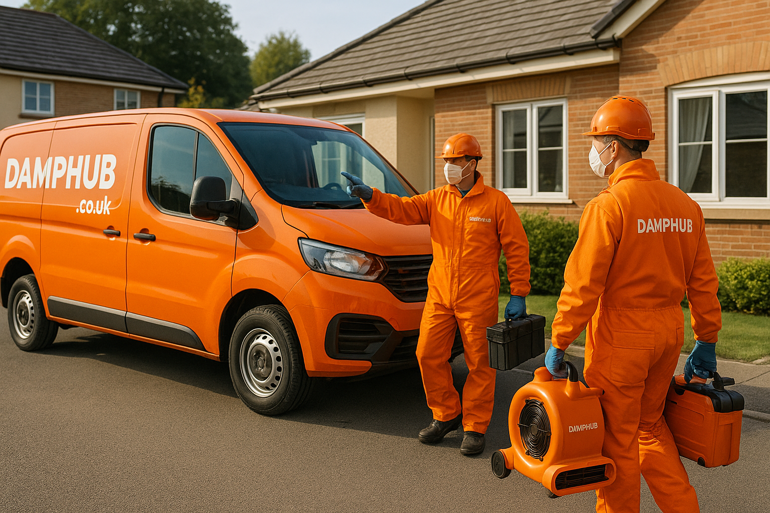 Damphub damp proofing experts in bright orange PPE unloading equipment from a branded van outside a UK home.