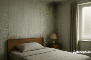 Bedroom with bed against a wall showing heavy condensation streaks, water droplets, and black mould developing in the corners.