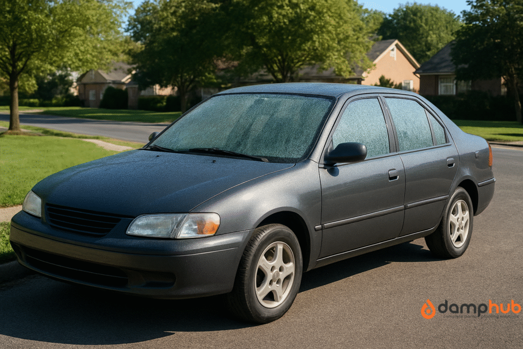 Condensation in car. A grey car parked on a suburban street with condensation covering all its windows on a clear morning.