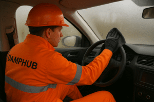 A DampHub technician in bright orange PPE with “DAMPHUB” printed on the back wipes condensation from the inside of a car windscreen using a cloth. The windscreen is fogged with droplets on the inside surface, but a clear streak where the cloth has wiped creates a sharp contrast with the surrounding misted areas.