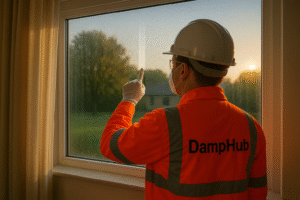 A worker in high-visibility DampHub PPE, wearing a hard hat, stands indoors beside a large window on a cool morning. He wipes a finger across the misted glass, leaving a clear streak through the condensation droplets, showing that the moisture has formed on the inside surface of the window.