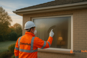 A DampHub expert in bright orange PPE with ‘DampHub’ written on the back, wearing a white helmet, gloves, mask, and goggles, wipes condensation from the outside of a house window on a misty morning, with the home interior faintly visible through the clear streak