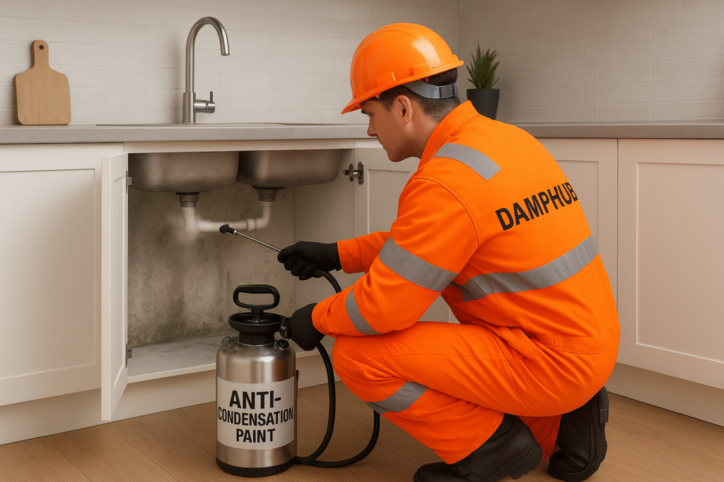 A DampHub expert in bright orange PPE is crouched under a modern kitchen sink with the cupboard doors open. He is using a stainless-steel spray canister labeled “Anti-Condensation Paint” to treat damp patches and condensation on the back wall and pipes.