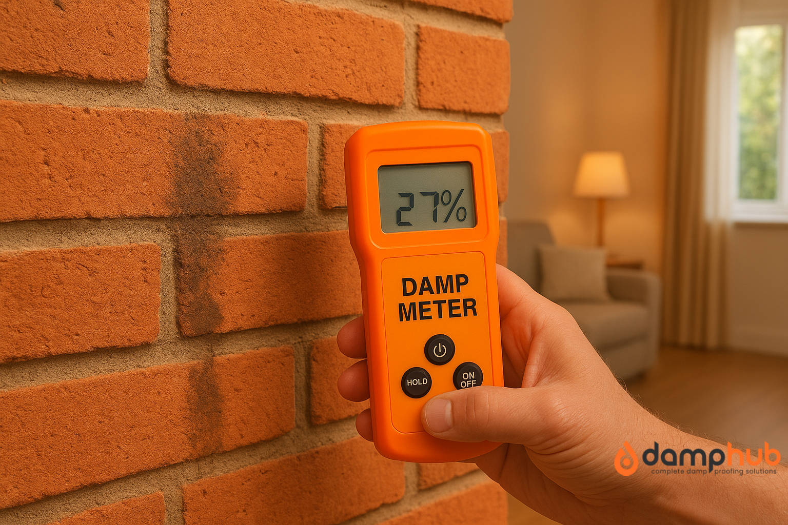 Close-up of a person using a bright orange damp meter showing 27% moisture on an interior UK brick wall, with a cosy living room in the background.