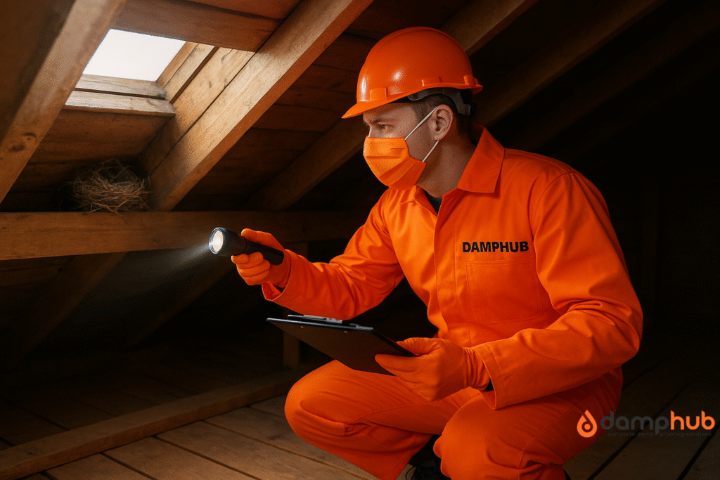  Carpet Beetle Extermination; A DampHub technician in bright orange PPE, including coveralls, helmet, gloves, and mask, kneels on wooden boards inside a loft. He shines a flashlight into the rafters where a small bird’s nest is visible, while holding a clipboard in his other hand. Warm daylight filters through the attic, highlighting the wooden beams and insulation.