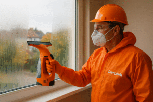 DampHub technician in orange PPE using a window vacuum to clear condensation from a window indoors.
