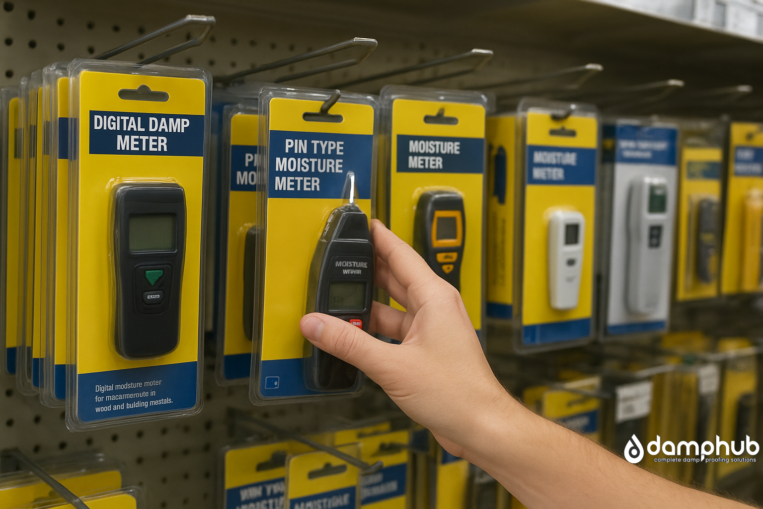 A shopper’s hand reaches for a packaged pin-type moisture meter from a DIY store shelf stocked with various damp meters and moisture testers in bright yellow and blue packaging.