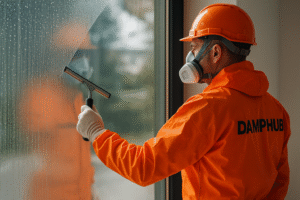 A professional damp control expert wearing bright orange PPE with “Damphub” printed on it uses a window squeegee to wipe condensation from a large glass window, leaving one side clear while the other remains misted with water droplets.