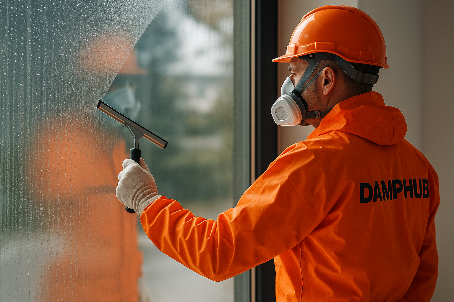 A professional damp control expert wearing bright orange PPE with “Damphub” printed on it uses a window squeegee to wipe condensation from a large glass window, leaving one side clear while the other remains misted with water droplets.