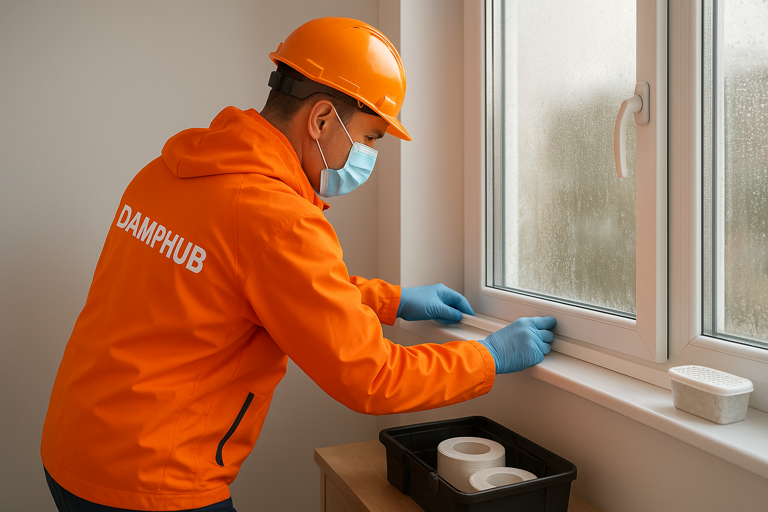 Damphub expert wearing orange PPE and gloves installing condensation prevention strips on a misty window in a modern home, with tools and tape nearby.