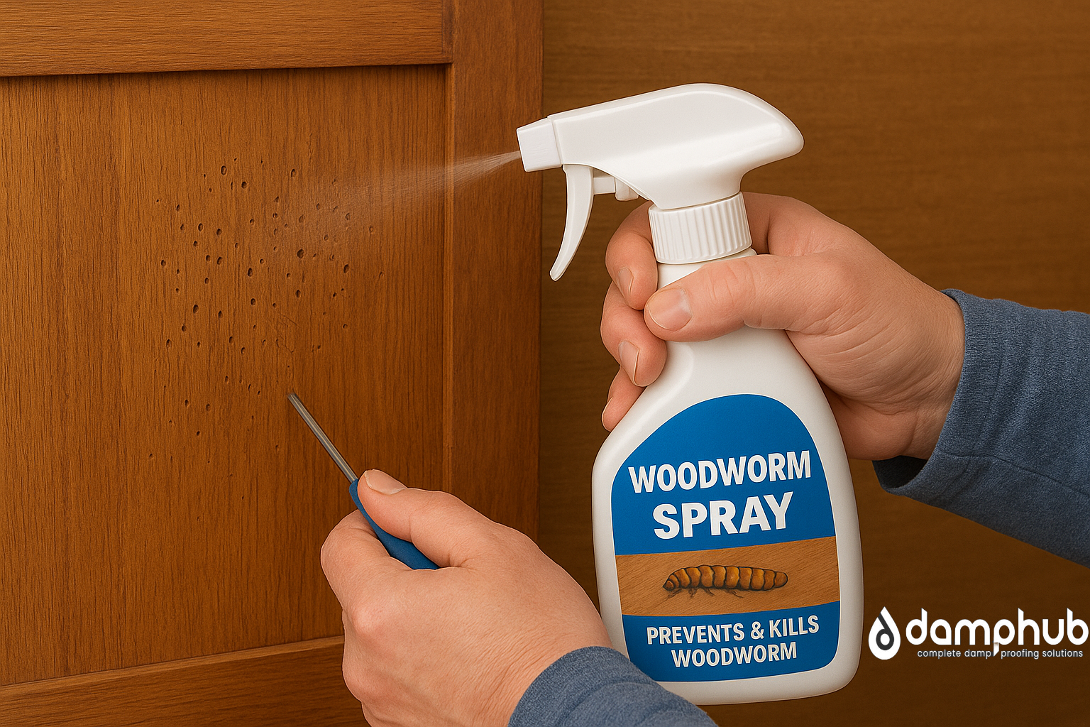 A person is holding a spray bottle labelled “Woodworm Spray” while applying it to a wooden surface marked with multiple small exit holes from woodworm infestation. Another hand is using a tool to inspect or widen the holes, showing the process of treating woodworm damage.