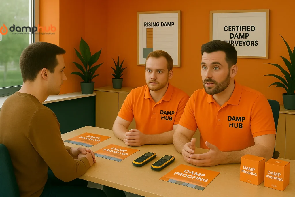 Two Damp Hub experts in orange shirts discussing damp proofing with a client across a table. The table has brochures and damp meters, and the office features potted plants and framed signs reading 'Rising Damp' and 'Certified Damp Surveyors