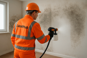 Damphub technician spraying damp wall with a paint sprayer