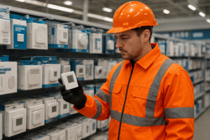 A man wearing bright orange high-visibility workwear and a hard hat is standing in a store aisle, examining a digital thermostat or temperature sensor. Shelves behind him are stocked with similar boxed devices, and he is holding one device in his gloved hand, looking at its display. The store is well-lit and organized, showing multiple rows of temperature sensors and thermostats.