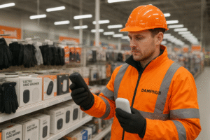 Damphub technician in orange safety gear comparing electric hand warmers in a large UK retail store aisle, holding one in his hands while examining features, surrounded by multiple models on display