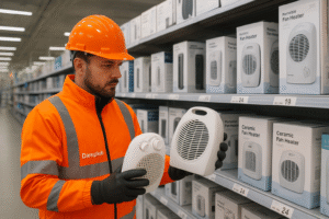 Professional technician in orange Damphub safety gear comparing two fan heaters in a UK home-improvement store aisle
