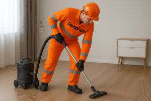Damphub technician in bright orange safety gear vacuuming dust from a hard floor, showing clear contrast between cleaned and dirty areas in a modern interior.