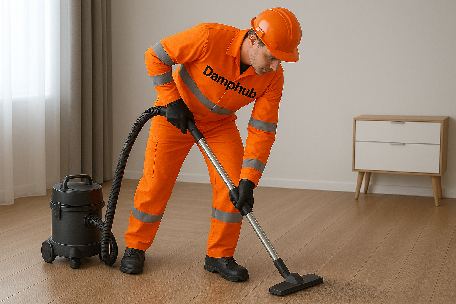Damphub technician in bright orange safety gear vacuuming dust from a hard floor, showing clear contrast between cleaned and dirty areas in a modern interior.