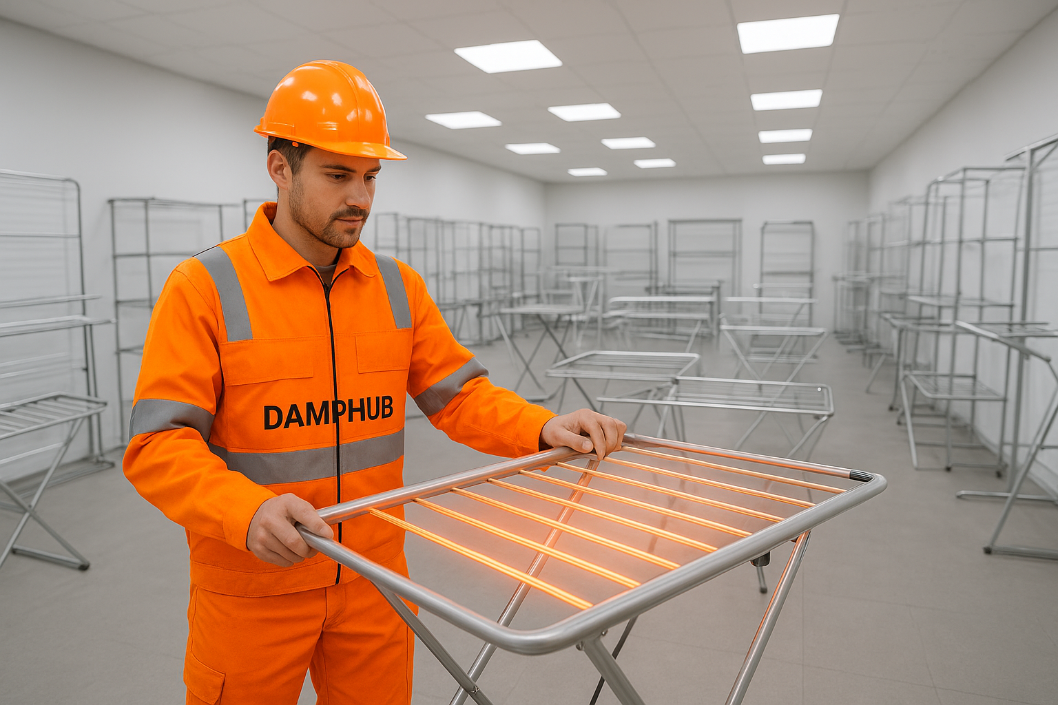 DampHub technician in bright orange safety gear examining a modern heated clothes dryer inside a dedicated showroom filled with various electric drying racks.