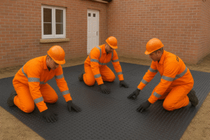 Three construction workers wearing bright orange high-visibility “Damphub” uniforms and hard hats install multiple black damp-proof membrane sheets on the ground outside a newly built brick house, showing several DPM sections already laid out to indicate ongoing work.