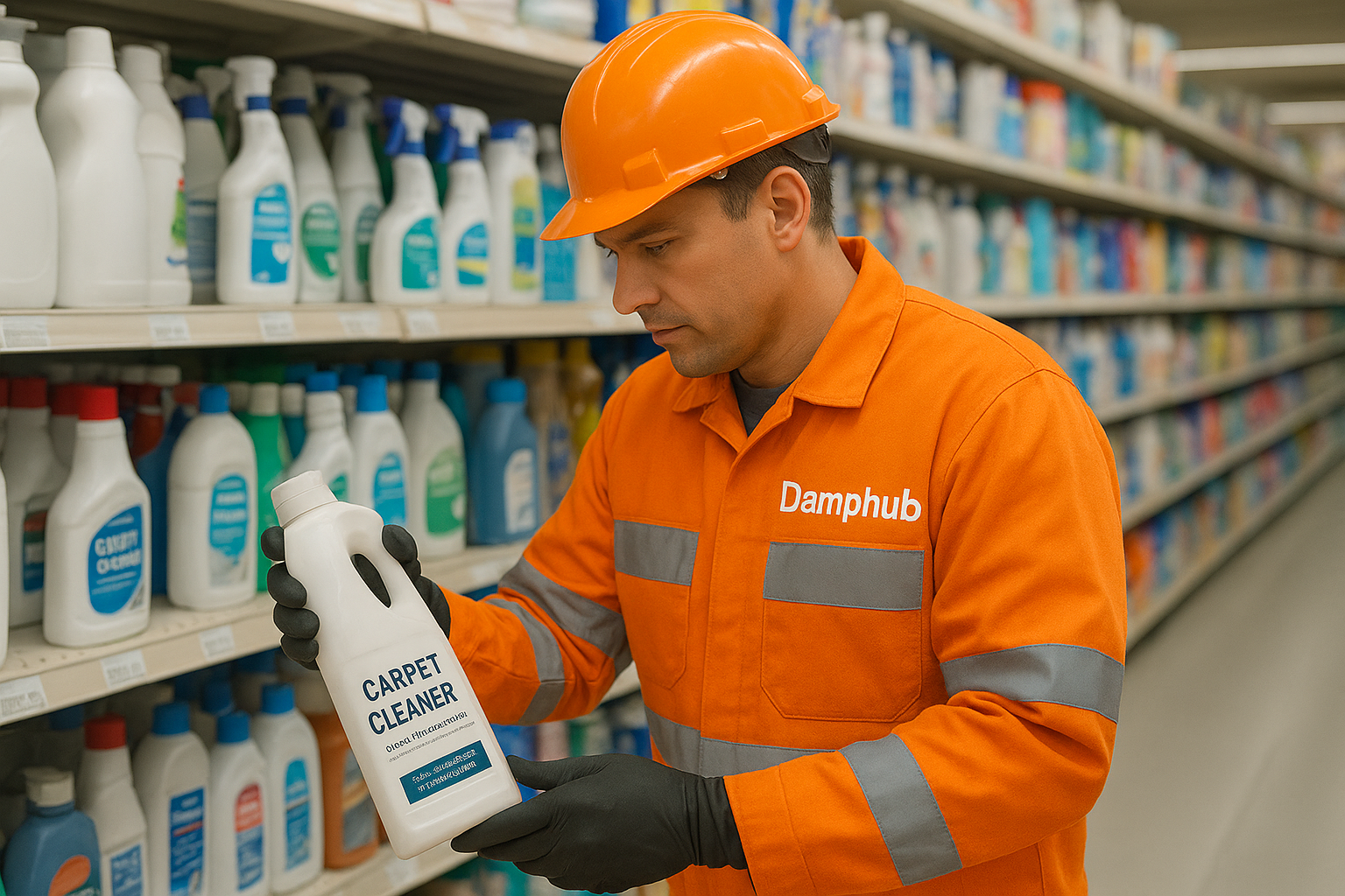 Damphub technician in bright orange safety gear and hard hat examining a bottle of carpet cleaner inside a large store aisle filled with cleaning products. The worker holds the bottle with both hands while comparing options on the shelf.