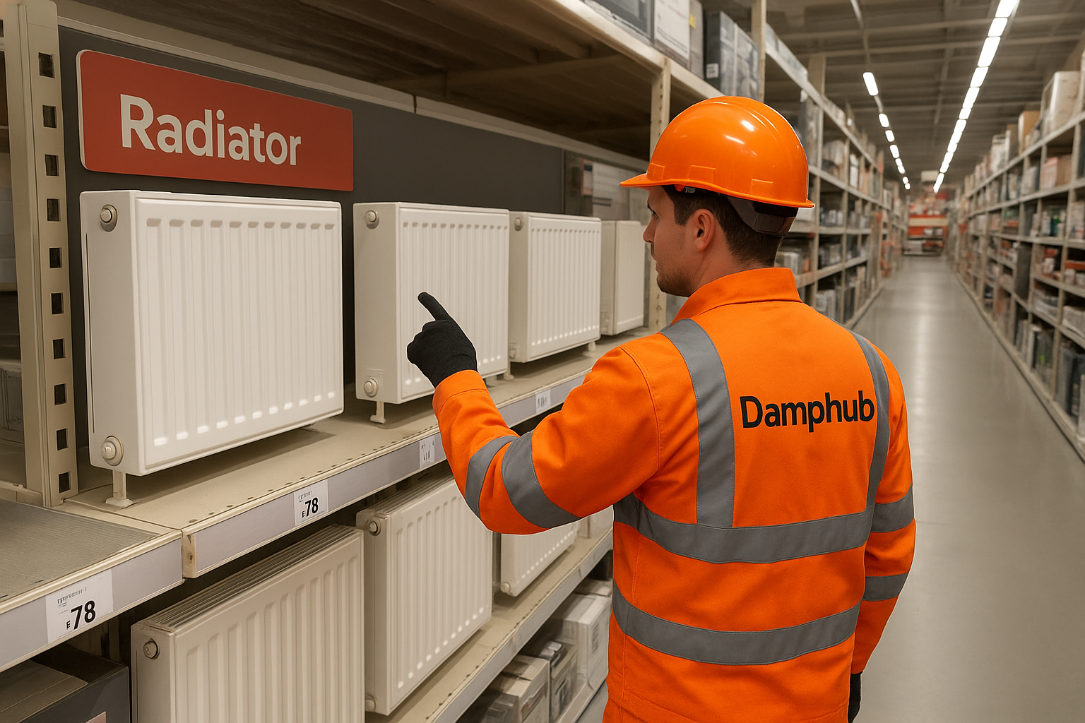 Professional Damphub technician wearing orange safety gear examining various radiator types on a well-lit display shelf in a UK home improvement store