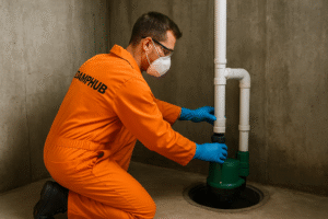 Technician wearing an orange DAMPHUB jumpsuit installs a green sump pump in a concrete UK basement, connecting it to a white PVC discharge pipe.