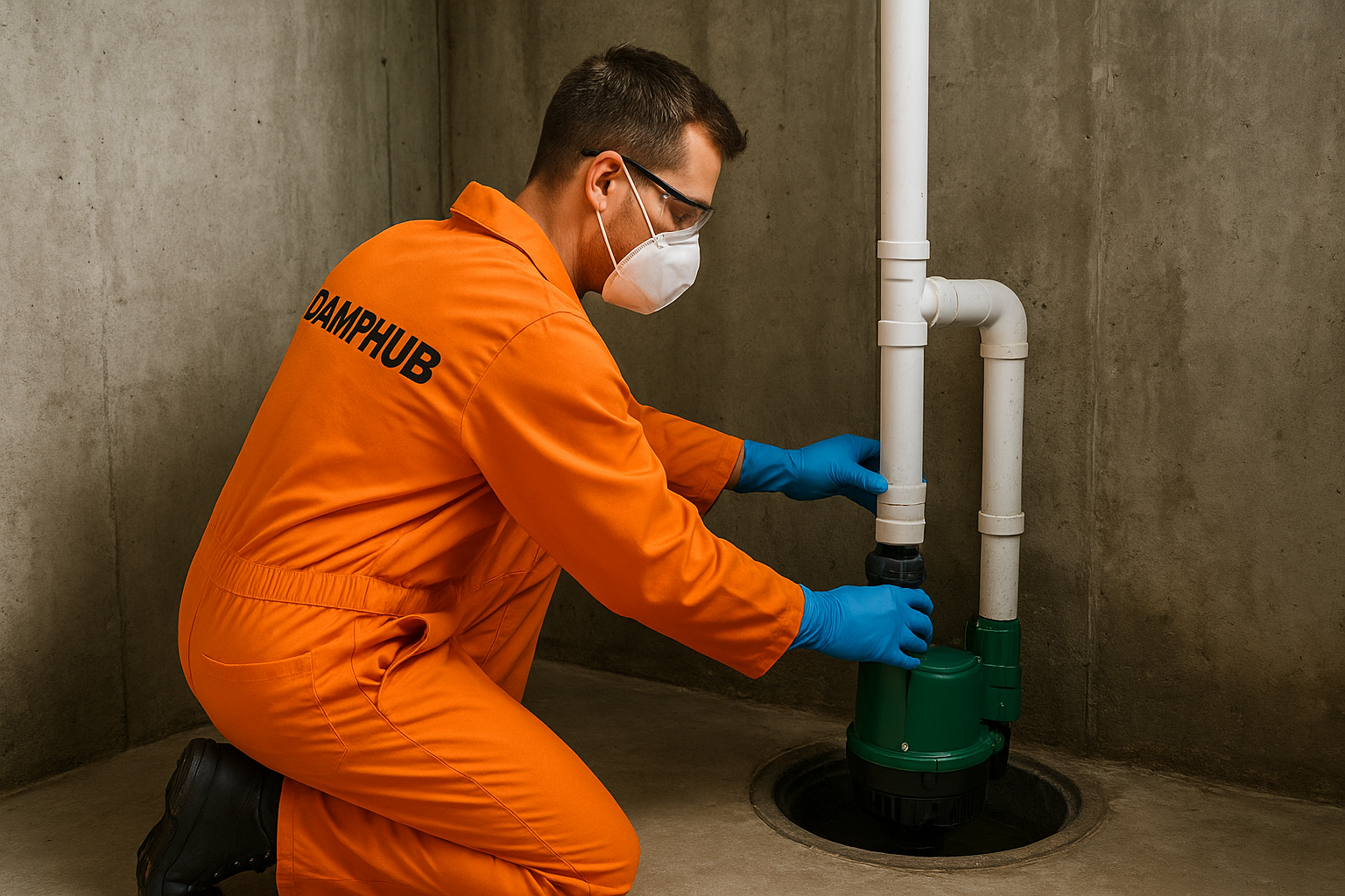 Technician wearing an orange DAMPHUB jumpsuit installs a green sump pump in a concrete UK basement, connecting it to a white PVC discharge pipe.