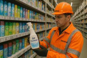 UK technician in bright orange Damphub safety gear inspecting a large spray bottle labelled Air Freshener inside a well-lit B&Q-style aisle filled with assorted air freshener cans.