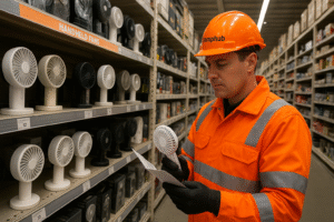 damphub expert comparing handheld fans in a shop