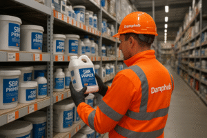 A professional Damphub technician in bright orange safety gear and a hard hat examines a large SBR primer container in a well-lit UK DIY store aisle, surrounded by shelves filled with SBR tubs, bottles, and construction materials.