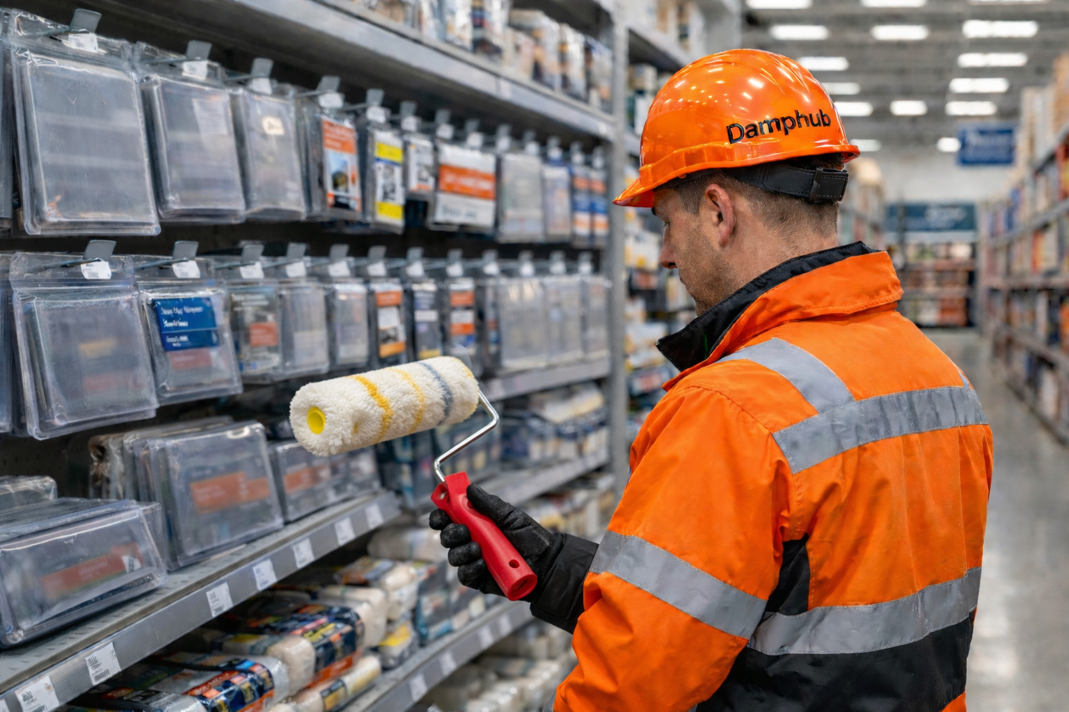 UK technician in orange safety gear holding a paint roller with handle while comparing rollers in a DIY megastore aisle