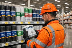A professional UK technician wearing bright orange high-visibility gear and a Damphub hard hat inspects a roll of vapour control layer in a large DIY megastore aisle. Shelves behind him are stocked with multiple brands of vapour barriers and VCL membranes. The store is bright, modern, and well-lit, with long aisles and high shelving visible in the background.