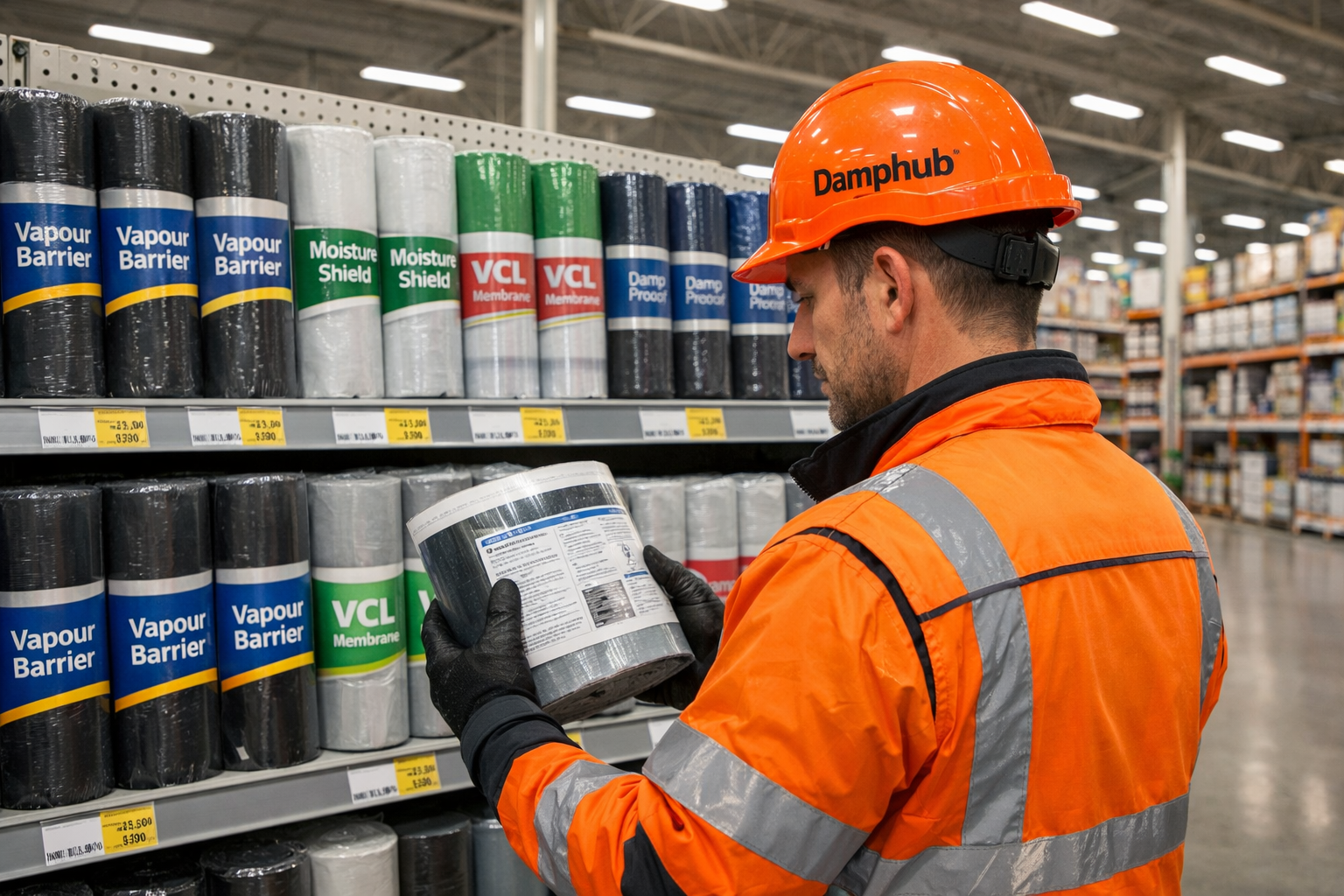 A professional UK technician wearing bright orange high-visibility gear and a Damphub hard hat inspects a roll of vapour control layer in a large DIY megastore aisle. Shelves behind him are stocked with multiple brands of vapour barriers and VCL membranes. The store is bright, modern, and well-lit, with long aisles and high shelving visible in the background.