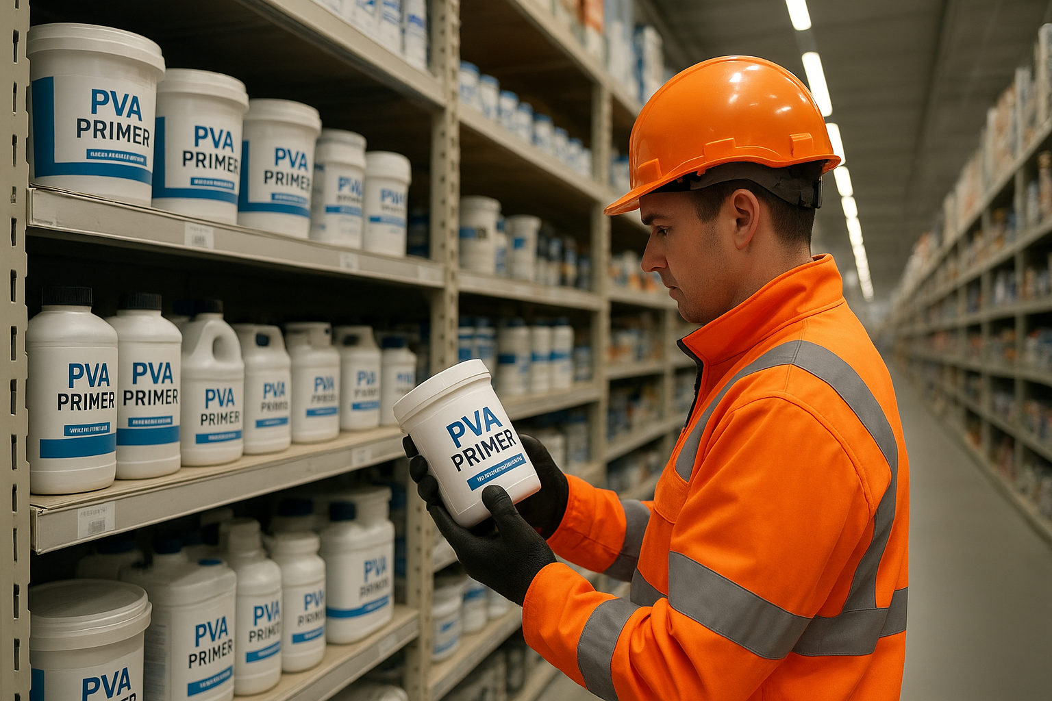 Damphub technician in orange safety gear inspecting a PVA primer container in a well-stocked hardware store aisle