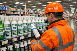 Professional UK technician in bright orange safety gear and hard hat with "Damphub" branding, inspecting a can of HG Mould Spray on a well-stocked DIY megastore shelf, with multiple mould spray products visible in the background
