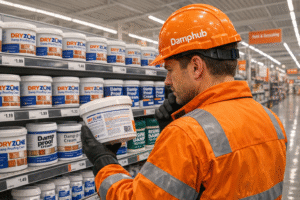 A professional UK technician wearing bright orange safety gear and a hard hat with “Damphub” branding inspects a tub of Dryzone Damp Proofing Cream in a well-stocked DIY megastore aisle, evaluating the label with a thoughtful expression.