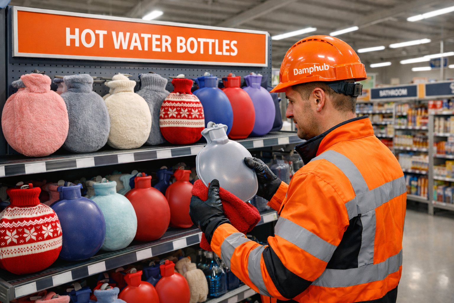 UK technician in orange safety gear inspecting round hot water bottle in DIY store aisle, hot water bottles with fabric covers on shelves, Damphub branded hard hat, shopping for quality hot water bottles in B&Q or Screwfix style store.