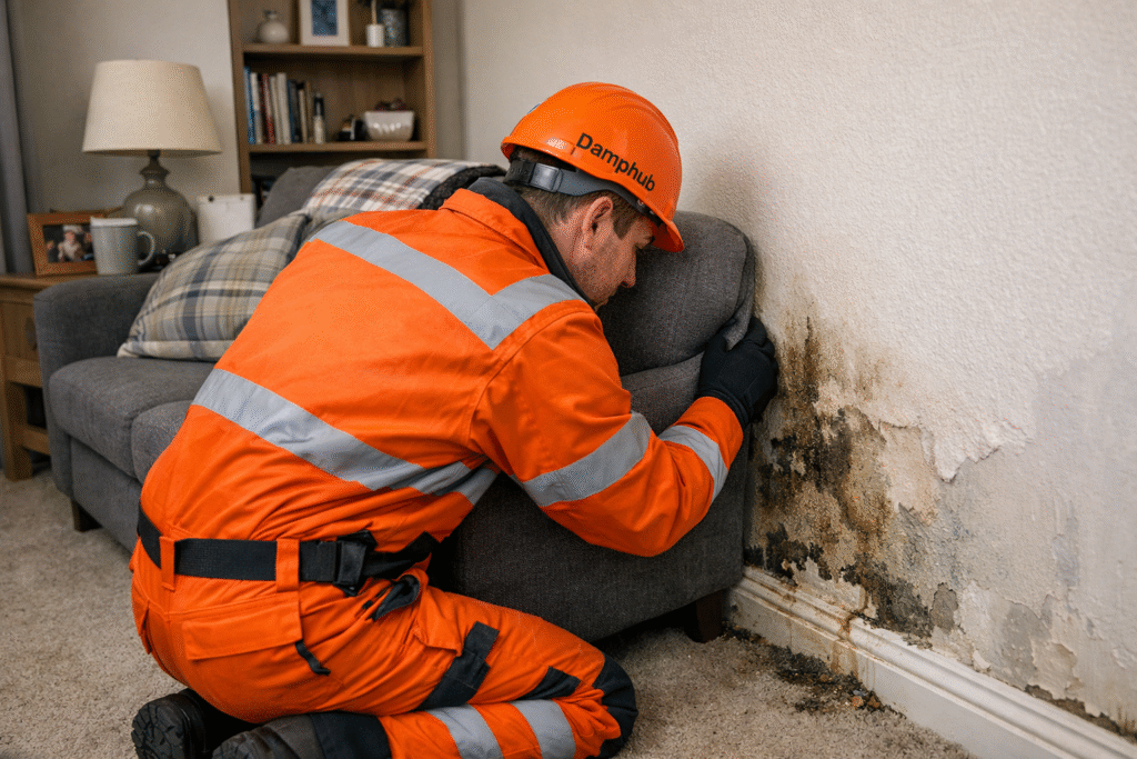 How Common Is Damp in UK Houses? Damphub technician inspecting damp and mould behind sofa in a UK living room