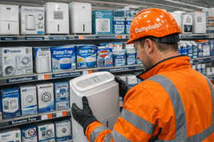 Person examining dehumidifiers in store.